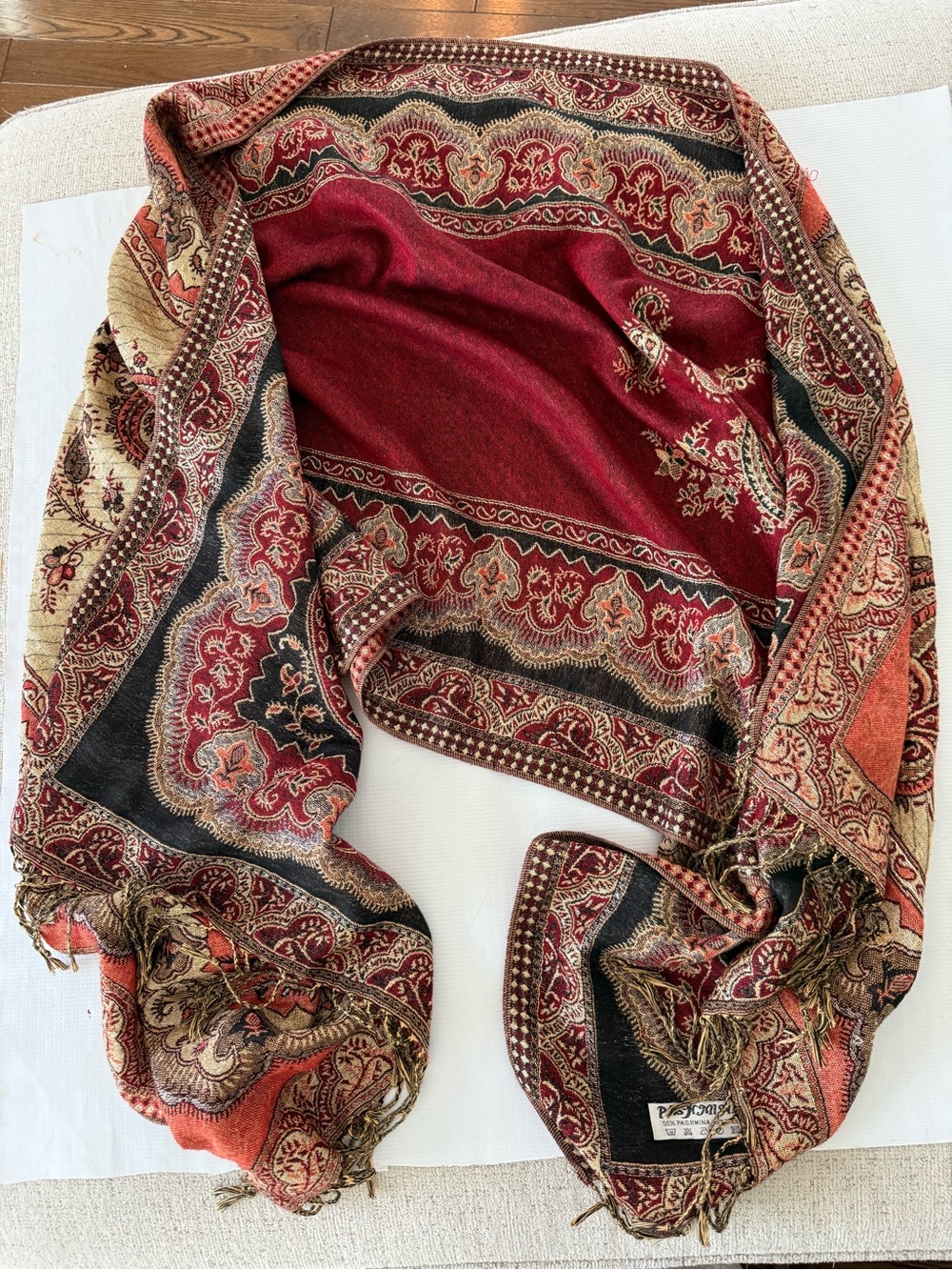 Pashmina Silk Blend Burgandy Red Paisley Woven Shawl Scarf Shawl Wrap